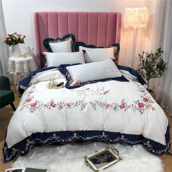 Blue Red Purple Luxury Pastoral Flower Embroidery Egyptian Cotton