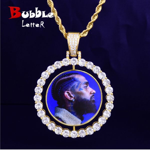 

custom made p rotating double-sided medallions pendant necklace 4mm tennis chain zircon men's hip hop jewelry 2x1.65 inch, Silver