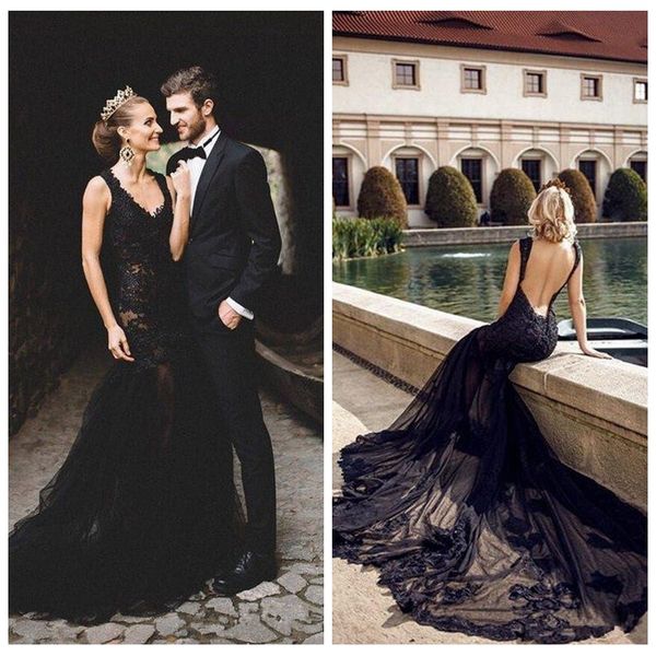 

2020 backless black lace mermaid slim gothic wedding dresses formal bridal gowns customized vestidos de marriage garden formal long, White