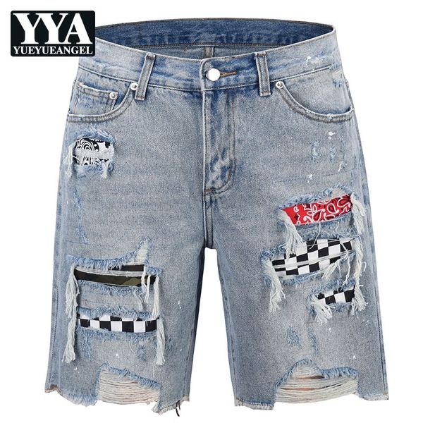 

fashion men denim shorts hollow out frayed ripped high street short jeans hip hop loose straight half length pants 2019 new male, Blue