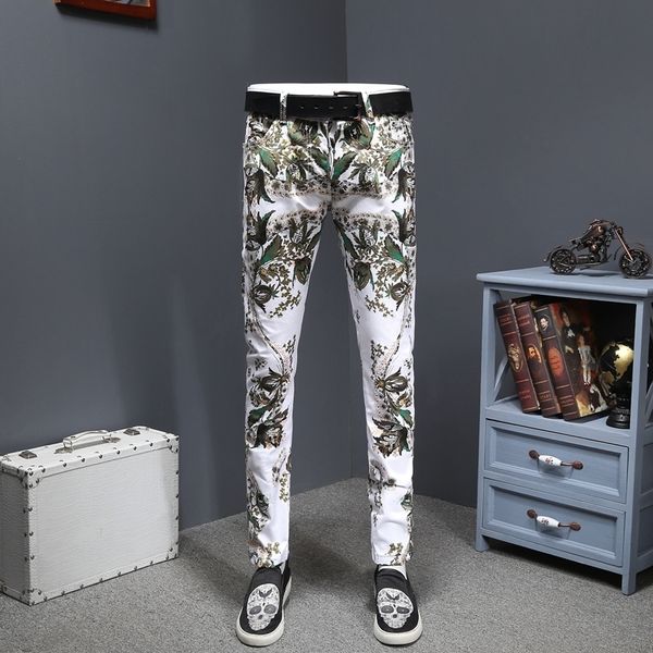 

floral printed slim homme mens flower designer jeans men vaqueros skinny moda hombre, Blue
