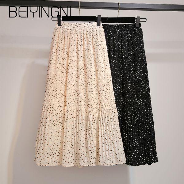 

beiyingni elastic waist fashion tulle skirt womens dots printed vintage chiffon saia promotion plus size pleated midi skirts ol, Black