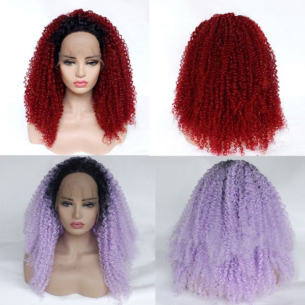 Ombre Burgundy Purple Lace Front Wig Black Roots Afro Kinky Curly