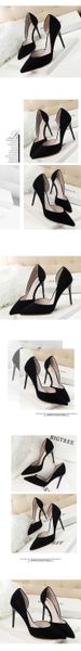 

31686 korean edition fashion simple and elegant slim heel highheel suede shallow mouth pointed side hollow womens single shoes, Black
