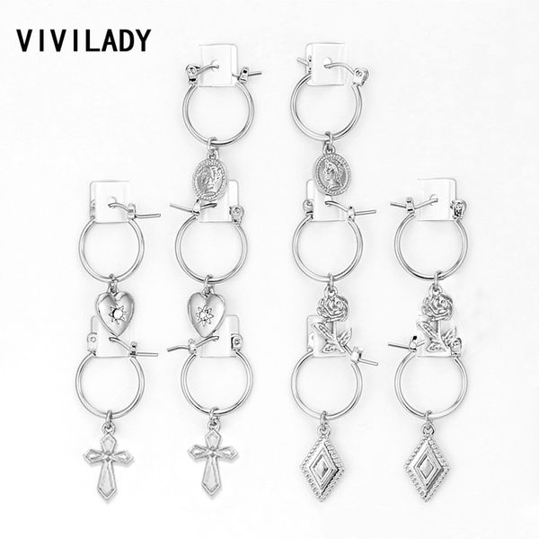 

vivilady boho 5pairs/set small round hoop earrings women silver gold color heart queen rose flower snap brincos jewelry gifts, Golden;silver