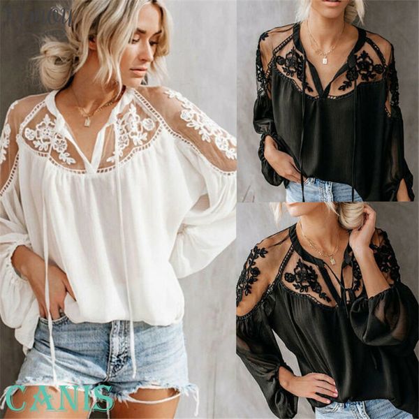 

2020 new women solid lace hollow plaint shirt loose ladies long sleeve v neck top, White