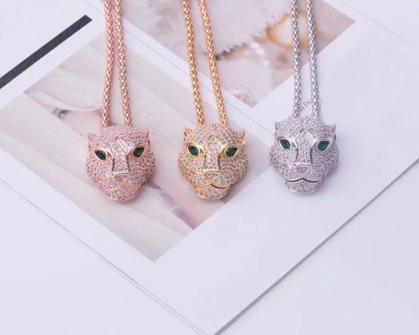 

fashion lady women brass 18k gold thick long necklaces with full diamond green eyes zircon leopard head pendant, Silver