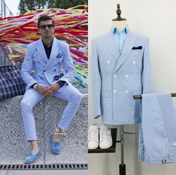 

2020 men's summer seersucker suits leisure beach two piece lapel groom wedding double-breasted suits, White;black