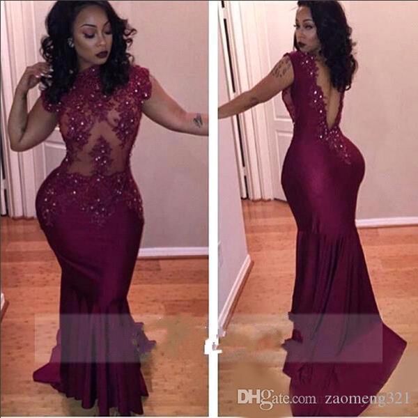 

burgundy south african mermaid long prom dresses 2020 ankara plus lace appliques beaded backless sheer crew neck evening dresses, Black