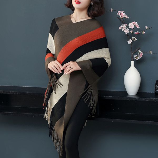 

batwing sleeve womens sweaters casual knitting sweater striped shawl pullover tassel womens and blouses clothing, White;black