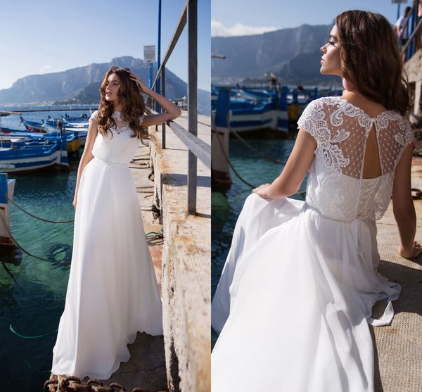 

lussano 2019 wedding dresses jewel short sleeves chiffon bridal gowns sweep train plus size a line wedding dress robe de mariÃ©e, White