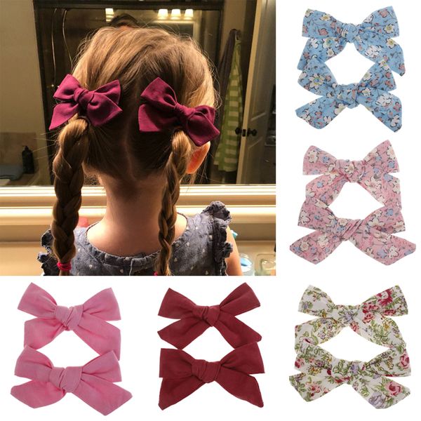 

2pcs flower print bows hair clips for girls solid color floral cotton hair bows fashion hairpins barrettes kids accessories, Slivery;white