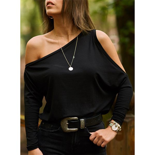 Blusas femininas camisas 2021 verão preto um ombro parte superior manga longa sexy skew colarinho mulheres soltas contínuas senhoras roupas