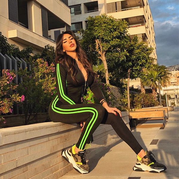 

stretch autumn winter rompers womens jumpsuit bodycon long sleeve pants zipper black bodycon jumpsuit striped club, Black;white
