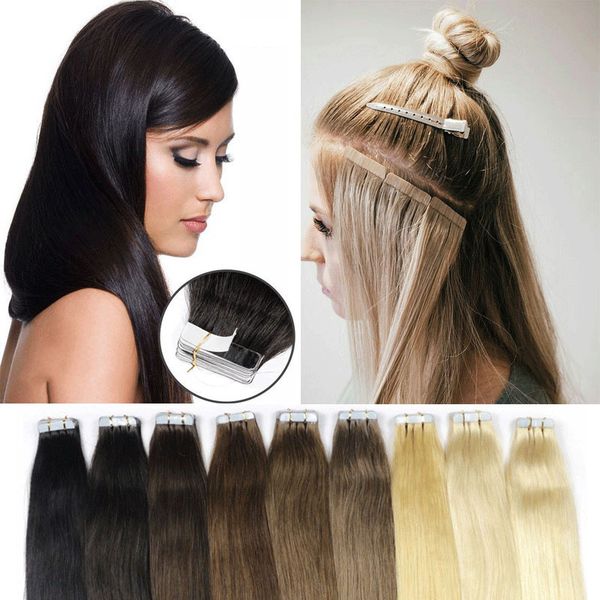 

tape in hair extensions human hair 16-22 inch 40g/pack 20pcs brazilian remy straight hair brazilian hiar extensions, Black