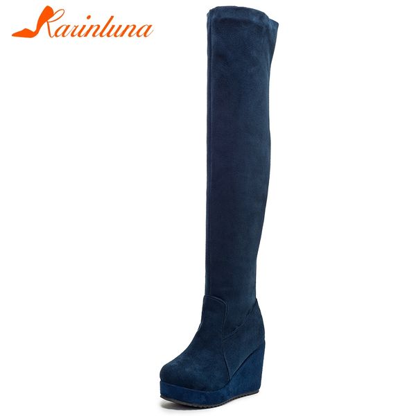 

karin 2020 increasing heels over the knee boots women shoes woman platform slip on flock stretch shoes woman boots, Black