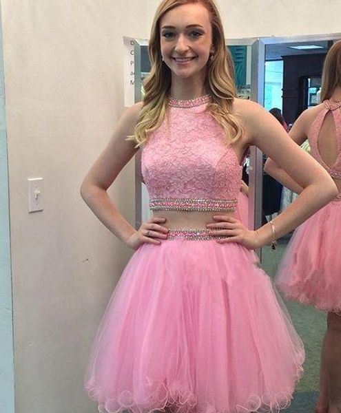 

a line homecoming dresses knee-length two pieces dresses lace beaded short prom dresses open back party gowns, Black