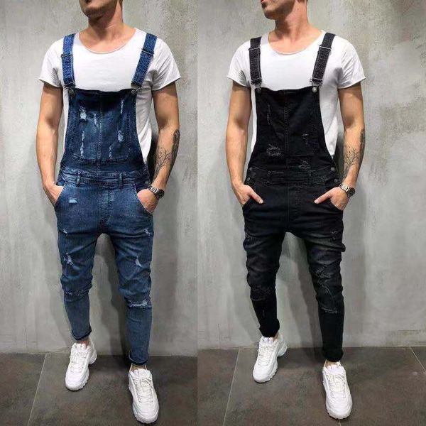 

2019 new fashion men ripped jeans distressed denim overalls men carpenter pants suspender pants big size s-3xl lf828, Blue