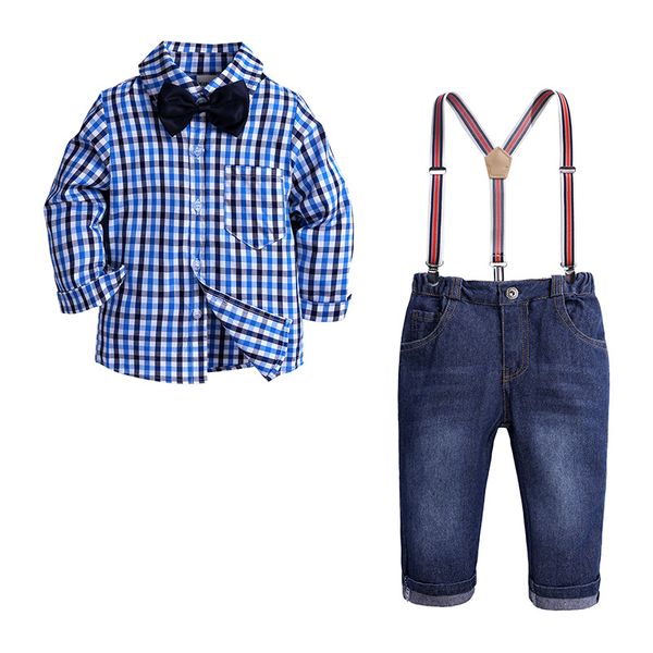 

boys clothing spring summer gentleman suits baby boys bowtie gentleman blue grid shirt overall sling jeans clothes sets, White