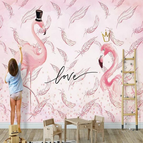 

custom large mural 3d wallpaper nordic modern cartoon flamingo feather pink bedroom mural tv back wall decor deep 5d embossed