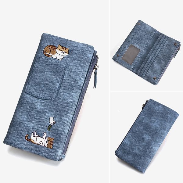 

lady long slim coin purse leather women's wallet female cute cartoon cat key organizer women small purses travel id card holder, Red;black