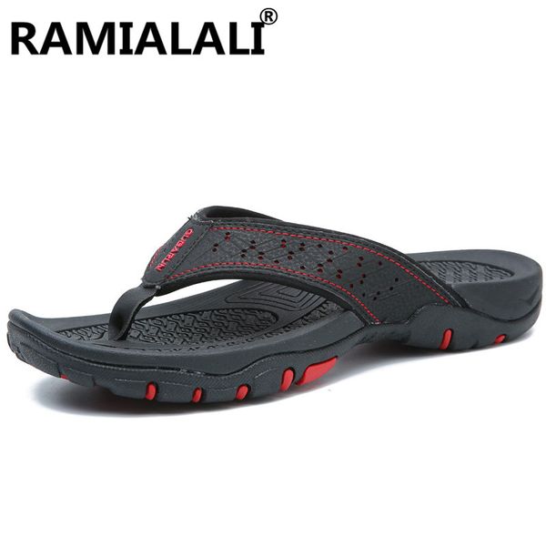 

men leather flip flops beach shoes flat designer spring summer slippers fashion slides rubber outdoor slippers men, Black