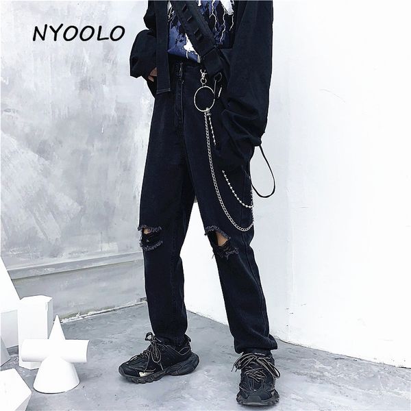 

nyoolo vintage irregular high waist destroy hole washed jeans autumn streetwear ankle length straight denim pants women men, Blue