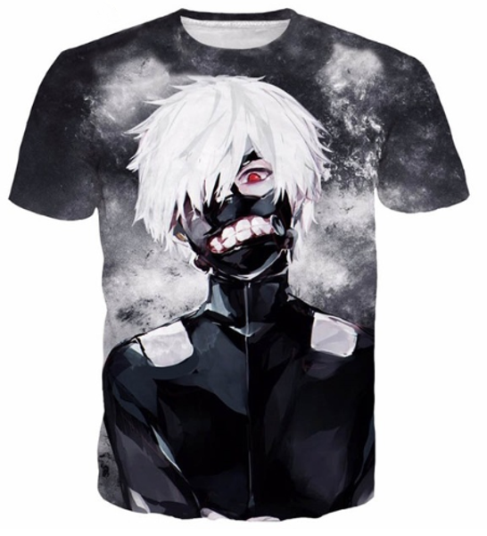

новая мода злой белые волосы kaneki 3d футболка классический ghoul аниме футболки хип-хоп топы summer punk мужские женщины футболки harajuku, White;black