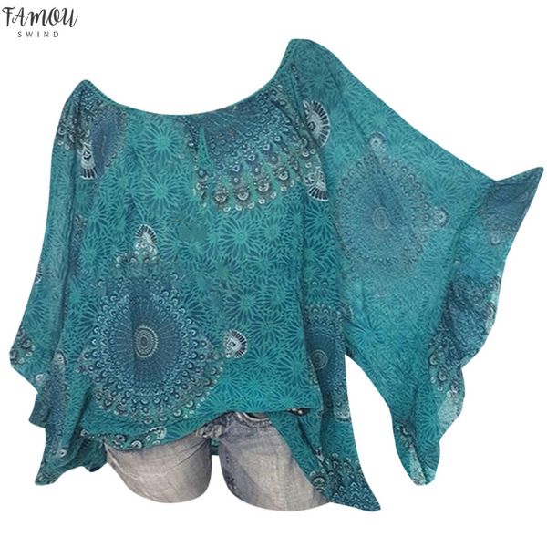 

5xl large size women tunic shirt casual boho print long bat blouse sleeve loose cold shoulder blouse camisa feminina, White