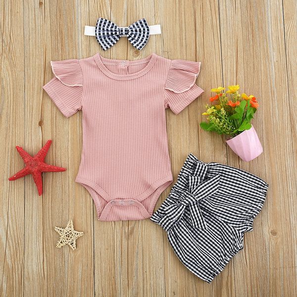 

infant newborn baby girl clothes solid color romper + stripe pants + headband 3pcs summer outfit sets 2020 sale, White