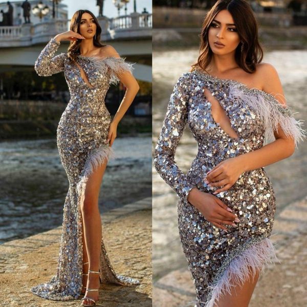 

sparkly sequined prom dresses with feathers beads one shoulder long sleeves mermaid evening gowns high side split formal party dress, Black