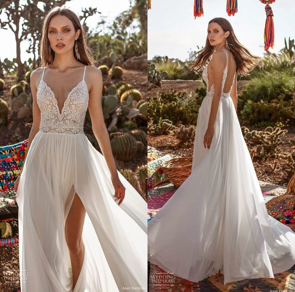 

asaf dadush 2020 wedding dresses weave spaghetti lace appliques boho bridal robes de mariÃ©e custom made high split bohemian wedding dress, White