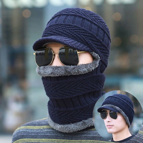

thickening knitted wool cap men winter hat keep warm bonnet balaclava face mask hats women beanie dual-use hat & scarf, Blue;gray