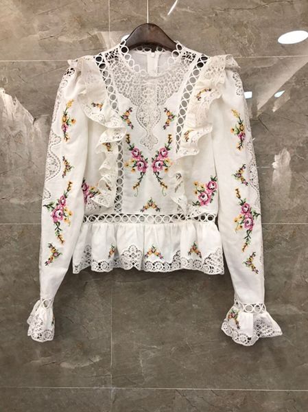 

2019 new women's autumn and winter wild openwork embroidery flounced blouse 924, White
