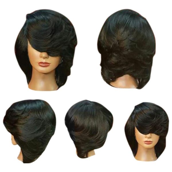 Short Side Bang Straight Flip Feathered Bob Synthetic Wig Natural