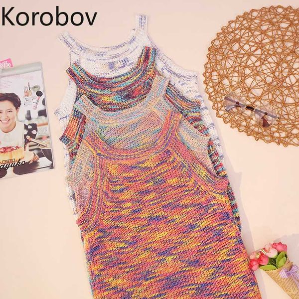 

korobov retro color striped patchwork halter knit camis sleeveless off shoulder bottom tank summer 2020 new, White