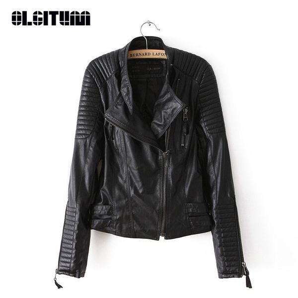 

olgitum 2018 new spring fashion bright colors good quality ladies basic street women short pu leather jacket jk477, Black
