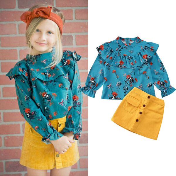 

newborn kids baby girls clothes button skirts round neck long sleeve floral ruffle t shirt 2pcs toddler lovely outfits, White