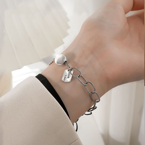 

charm bracelet for women men girls vintage good luck letter chain bracelets silver color elegant korean fashion jewelry 2020, Black