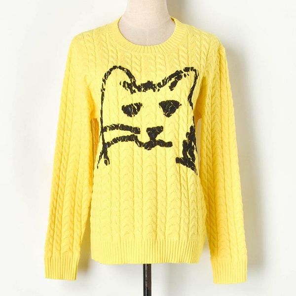 

women's sweater 2019 autumn and winter new set of head print cat head tie rope twist round neck long sleeve knit sweater, White;black