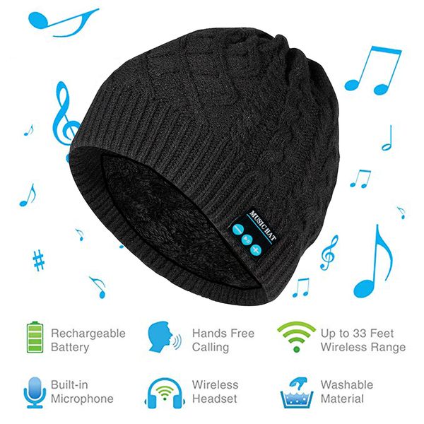

men women winter knitted flanged 200mah high capacity battery one-click answer hang up built-in microphone bluetooth music hat, Black;white