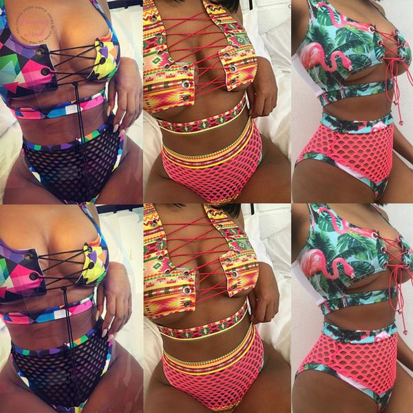 

2020 brazilian bikini women swimsuit african print bandage swimwear mesh thong bikini set high waist bathing suit plus size, White;black