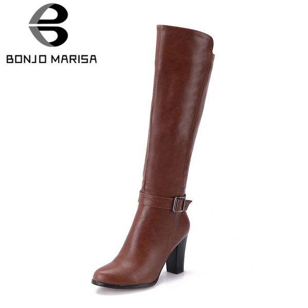 

bonjomarisa women knee high motorcycle boots square high heel shoes woman buckle strap platform autumn winter knight boots, Black