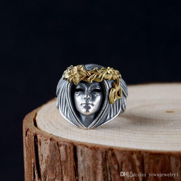 

vintage craft men's 925 silver handmade ring 18k gold-plated wreath goddess silver ring size 7- 14