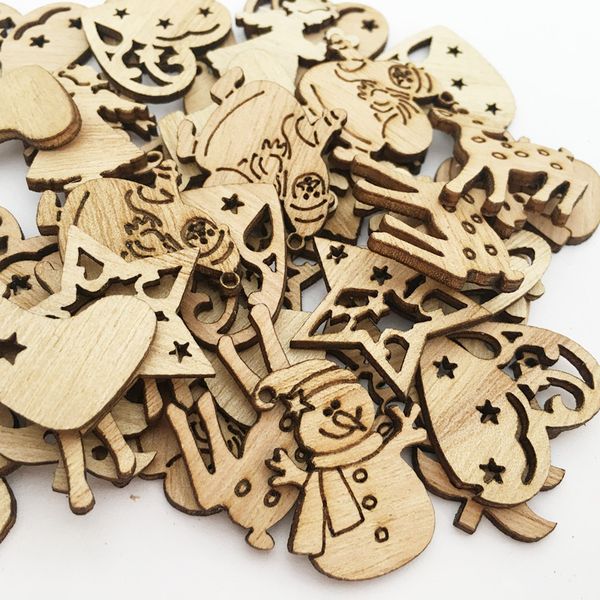 

100pcs diy natural wooden chip christmas tree hanging ornaments pendant kids gifts snowman tree shape xmas ornaments decorations