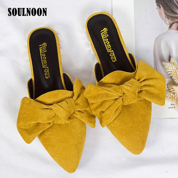 

women pointed toe slippers lovely bow square heel sandals female casual slides shoes elegent fashion mules shoes flip flops, Black