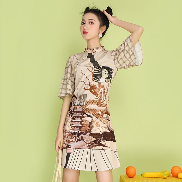 

2020 summer chinese traditional dress fashion printed modern oriental dress lady vintage cheongsam china runway costume, Black;gray