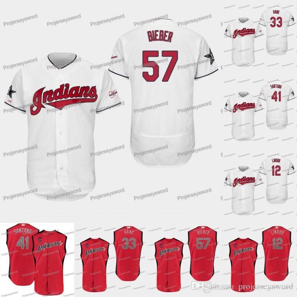 

Mens Cleveland 57 Shane Bieber American League Indians Jerseys 12 Francisco Lindor 33 Brad Hand 41 Carlos Santana Allstar Baseball Jerseys