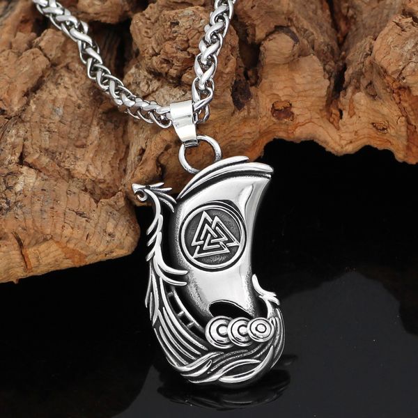 

nordic viking odin raven huginn and muninn valknut stainless steel nordic pendant necklace with gift bag, Silver