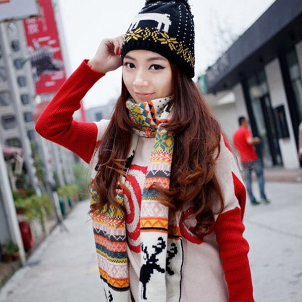 

lamaxpa 2018 new fashion reindeer pattern thick women scarf, hat sets pompom 2pcs knitted winter warm beanis wrap dropshipping, Blue;gray